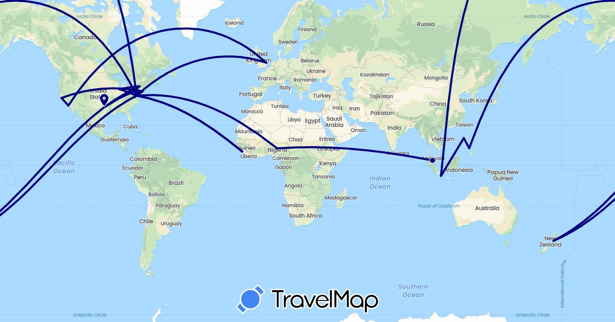 TravelMap itinerary: driving in United Kingdom, Indonesia, Malaysia, Nigeria, New Zealand, Philippines, Sierra Leone, United States (Africa, Asia, Europe, North America, Oceania)